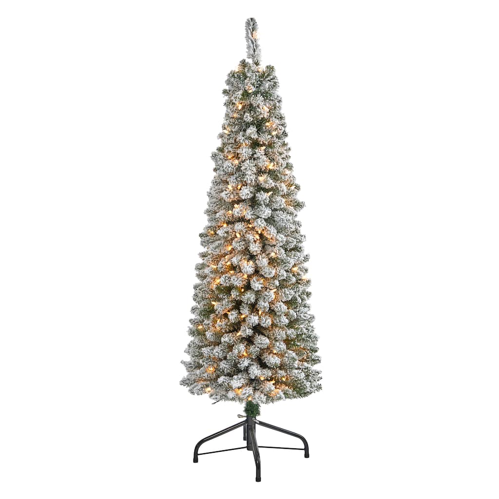5ft. PreLit Flocked Pencil Artificial Christmas Tree with Clear LED Pre Lit 5ft Christmas Tree